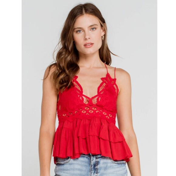 Free People Adella Cami Cherry Red Lace Ruffled Tank Top Size Small NWT - Picture 2 of 6